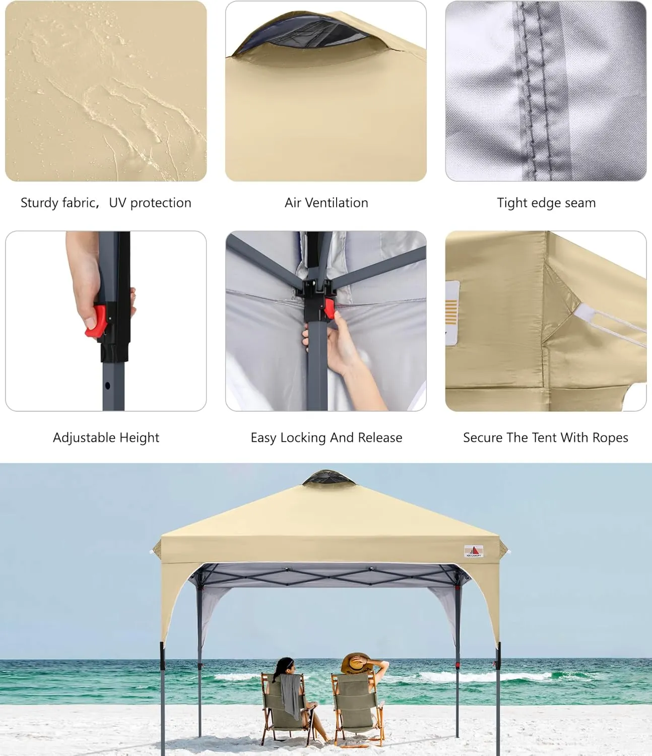 ABCCANOPY Outdoor Pop up Canopy Tent, 10x10 Instant Portable Canopy for Camping, Beach, Backyard, Beige
