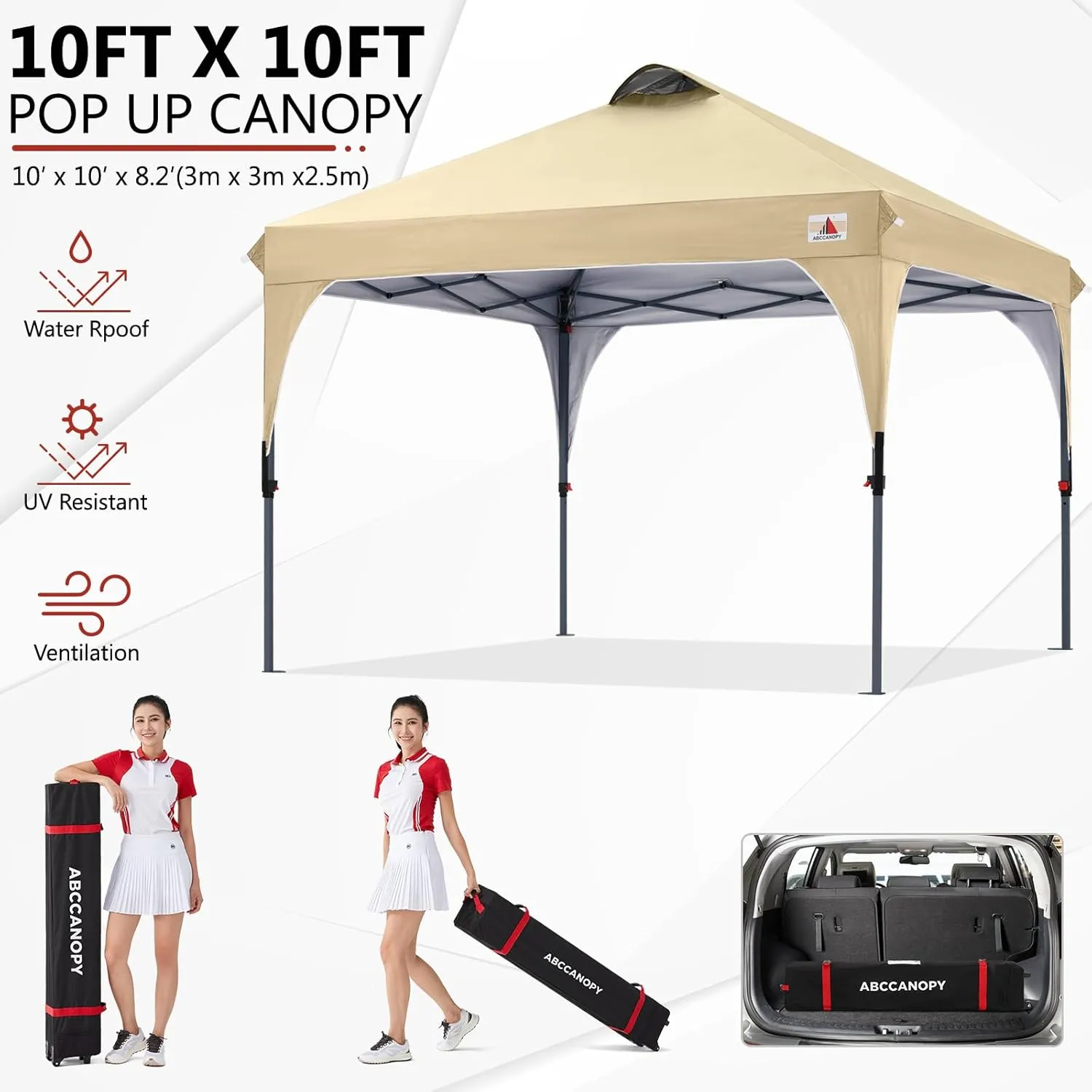 ABCCANOPY Outdoor Pop up Canopy Tent, 10x10 Instant Portable Canopy for Camping, Beach, Backyard, Beige