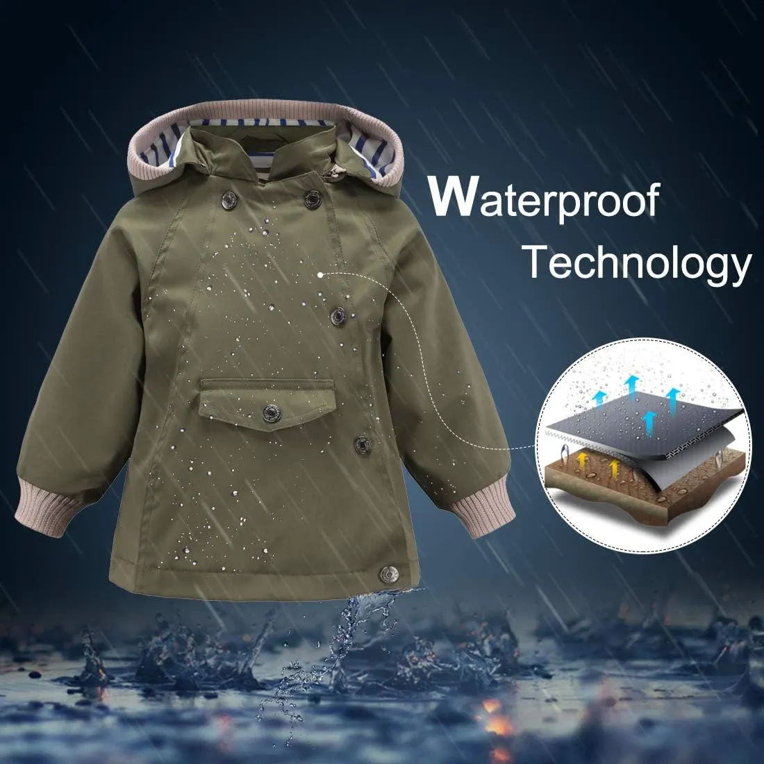 ACESTAR Boys Girls Waterproof Hooded Rain Jacket Kids Cotton Lined Rain Coat Toddler Windbreaker Spring Fall Raincoat