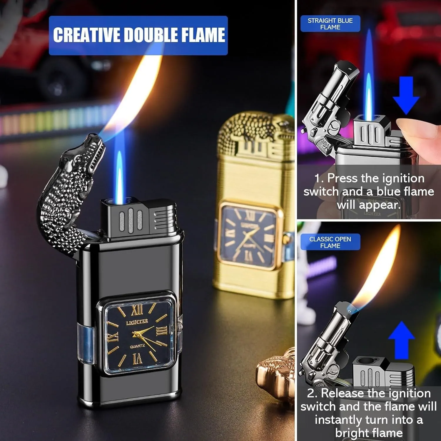 Adjustable Dual-Mode Torch Lighters for Men, Windproof Dual-Flame Vintage Watch Lighter, Refillable Butane Windproof Lighter with Visible Fuel Tank Men Gifts (Without Butane)(Brass,B)