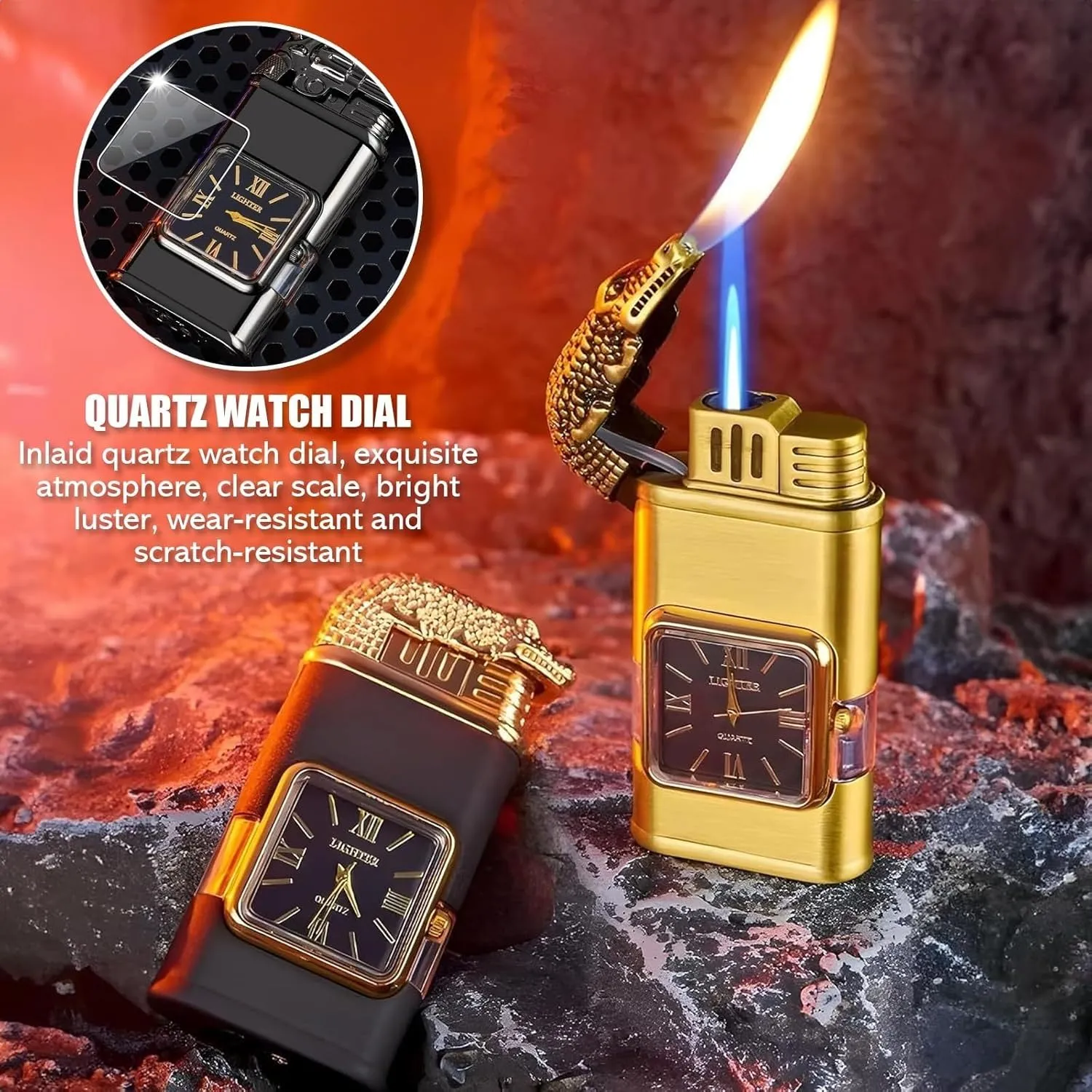 Adjustable Dual-Mode Torch Lighters for Men, Windproof Dual-Flame Vintage Watch Lighter, Refillable Butane Windproof Lighter with Visible Fuel Tank Men Gifts (Without Butane)(Brass,B)