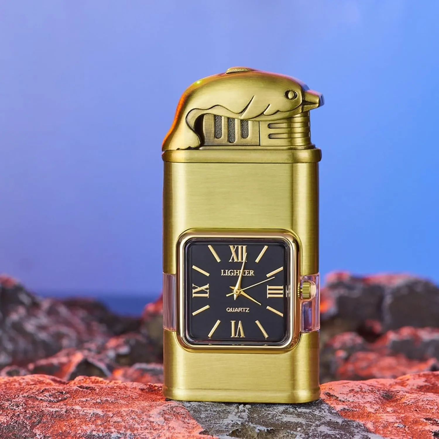Adjustable Dual-Mode Torch Lighters for Men, Windproof Dual-Flame Vintage Watch Lighter, Refillable Butane Windproof Lighter with Visible Fuel Tank Men Gifts (Without Butane)(Brass,B)