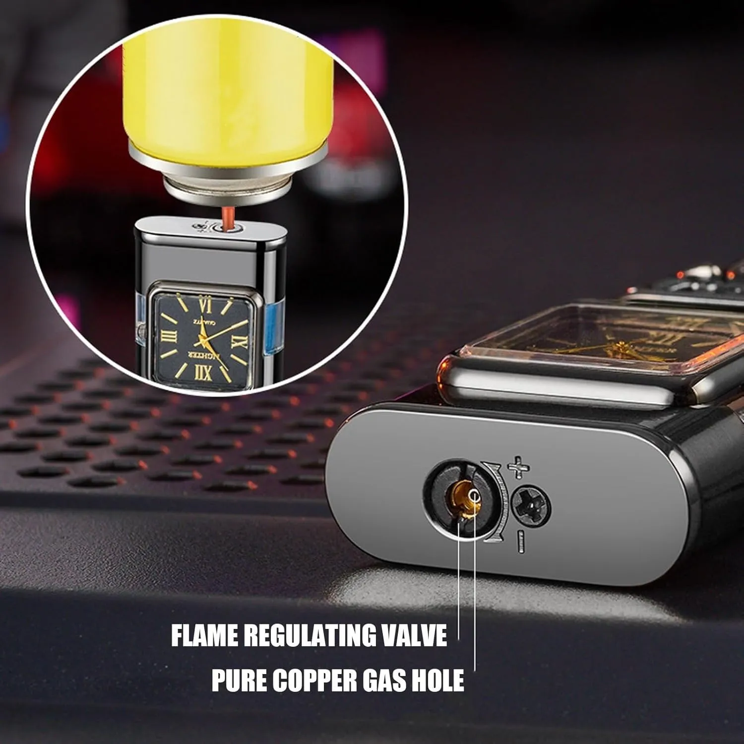 Adjustable Dual-Mode Torch Lighters for Men, Windproof Dual-Flame Vintage Watch Lighter, Refillable Butane Windproof Lighter with Visible Fuel Tank Men Gifts (Without Butane)(Brass,B)
