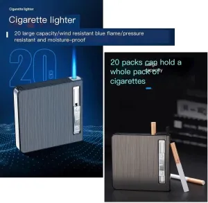Adjustable Jet Flame Windproof Torch Lighter, Cigarette Case Lighter Refillable Butane Lighter Automatic Pop-up Cigarette Case Portable 20-Pack (No Gas)(Black)