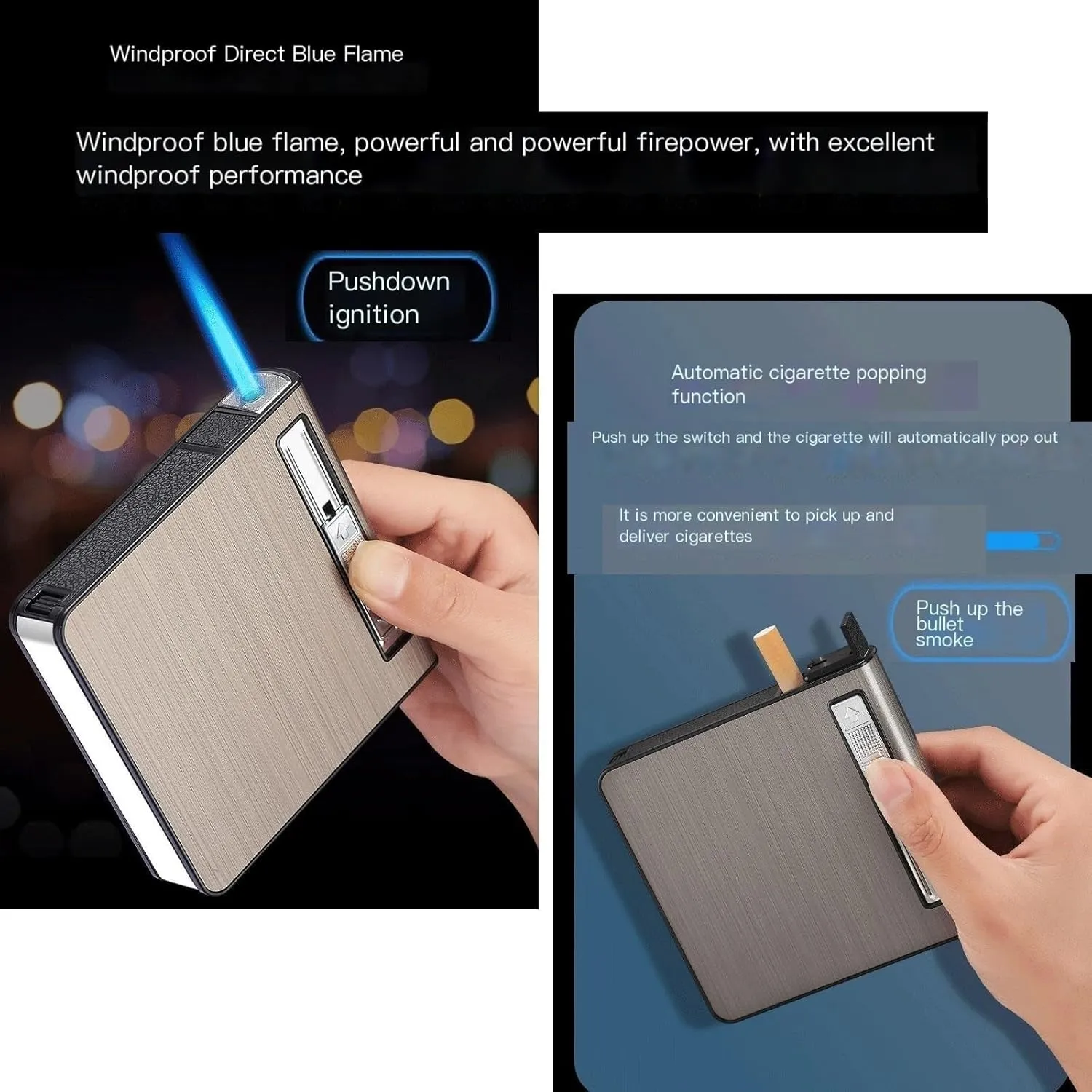 Adjustable Jet Flame Windproof Torch Lighter, Cigarette Case Lighter Refillable Butane Lighter Automatic Pop-up Cigarette Case Portable 20-Pack (No Gas)(Black)