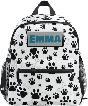 Aflyko Custom Name Kids Backpack Black Dog Paw Bone Personalized Daycare Nursery Bookbag Kindergarten Daypack for Toddler Girls Boys 10" × 4" × 12"