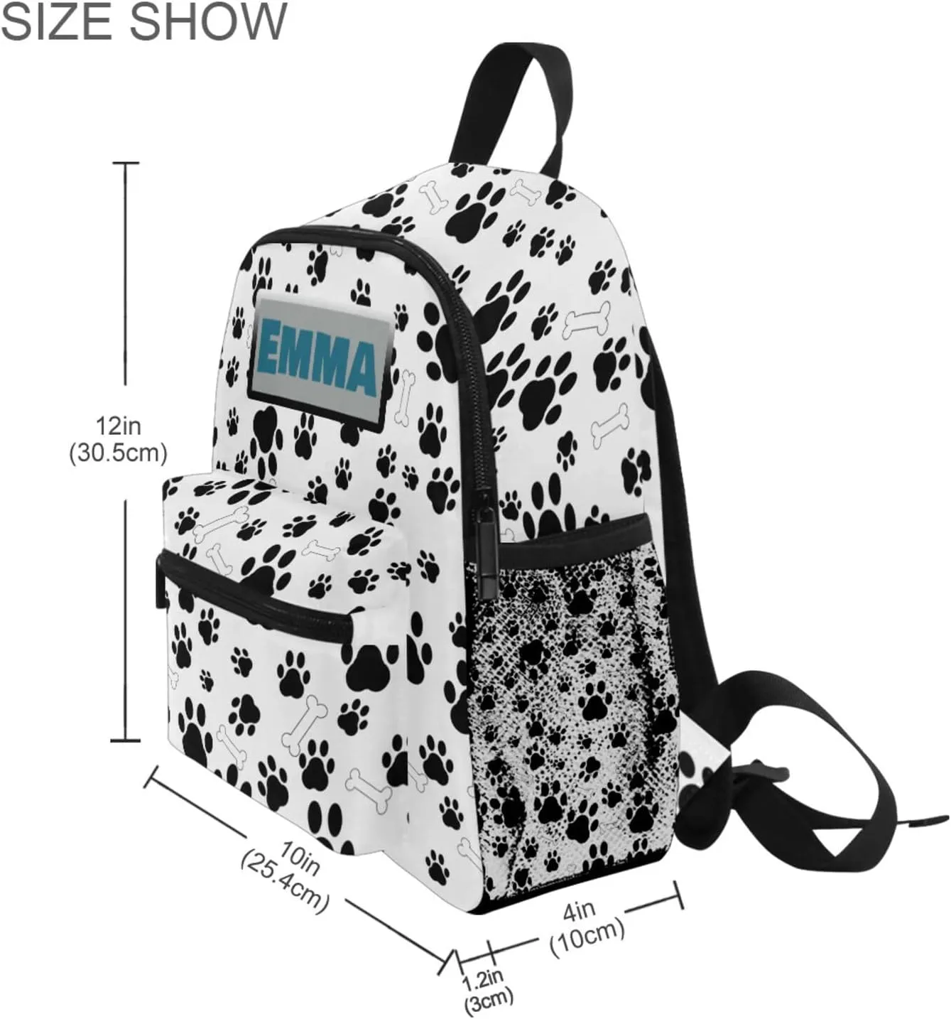 Aflyko Custom Name Kids Backpack Black Dog Paw Bone Personalized Daycare Nursery Bookbag Kindergarten Daypack for Toddler Girls Boys 10" × 4" × 12"