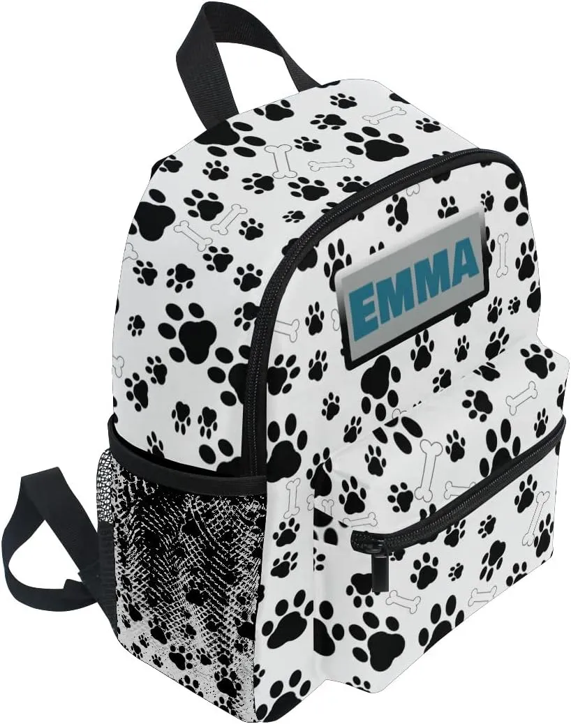 Aflyko Custom Name Kids Backpack Black Dog Paw Bone Personalized Daycare Nursery Bookbag Kindergarten Daypack for Toddler Girls Boys 10" × 4" × 12"