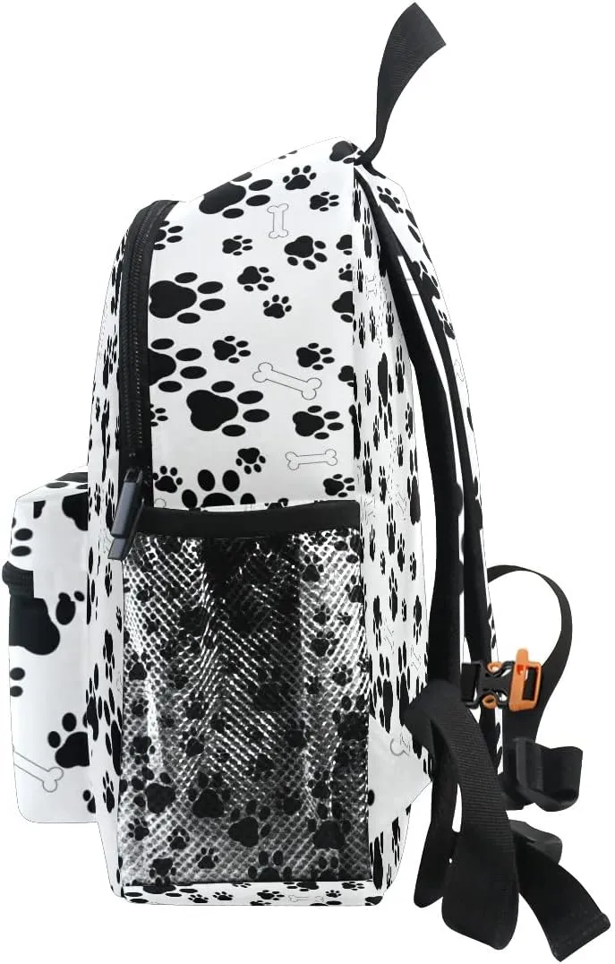 Aflyko Custom Name Kids Backpack Black Dog Paw Bone Personalized Daycare Nursery Bookbag Kindergarten Daypack for Toddler Girls Boys 10" × 4" × 12"