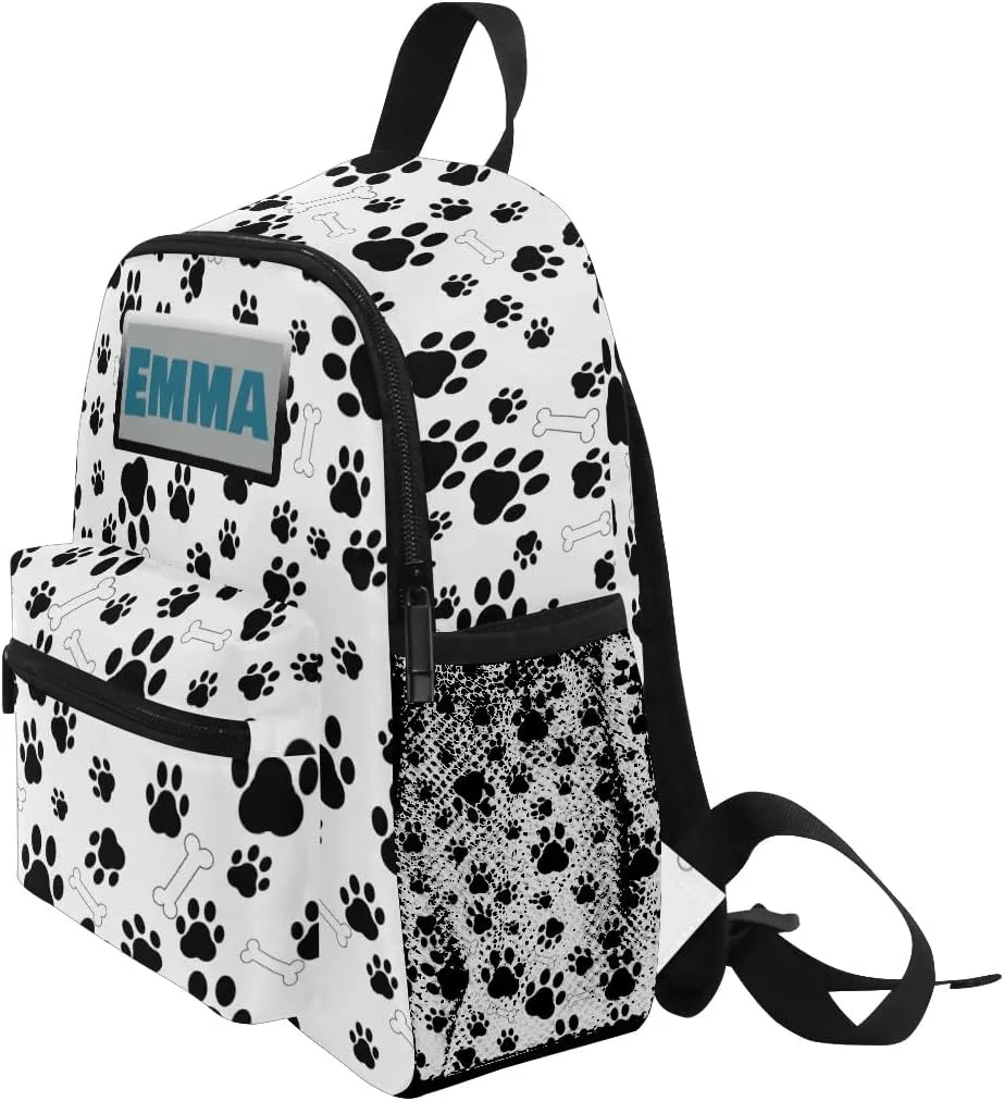 Aflyko Custom Name Kids Backpack Black Dog Paw Bone Personalized Daycare Nursery Bookbag Kindergarten Daypack for Toddler Girls Boys 10" × 4" × 12"