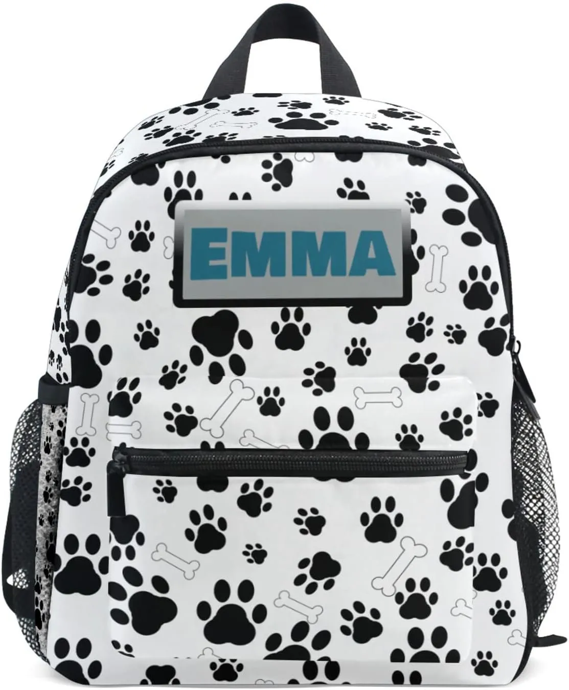 Aflyko Custom Name Kids Backpack Black Dog Paw Bone Personalized Daycare Nursery Bookbag Kindergarten Daypack for Toddler Girls Boys 10" × 4" × 12"
