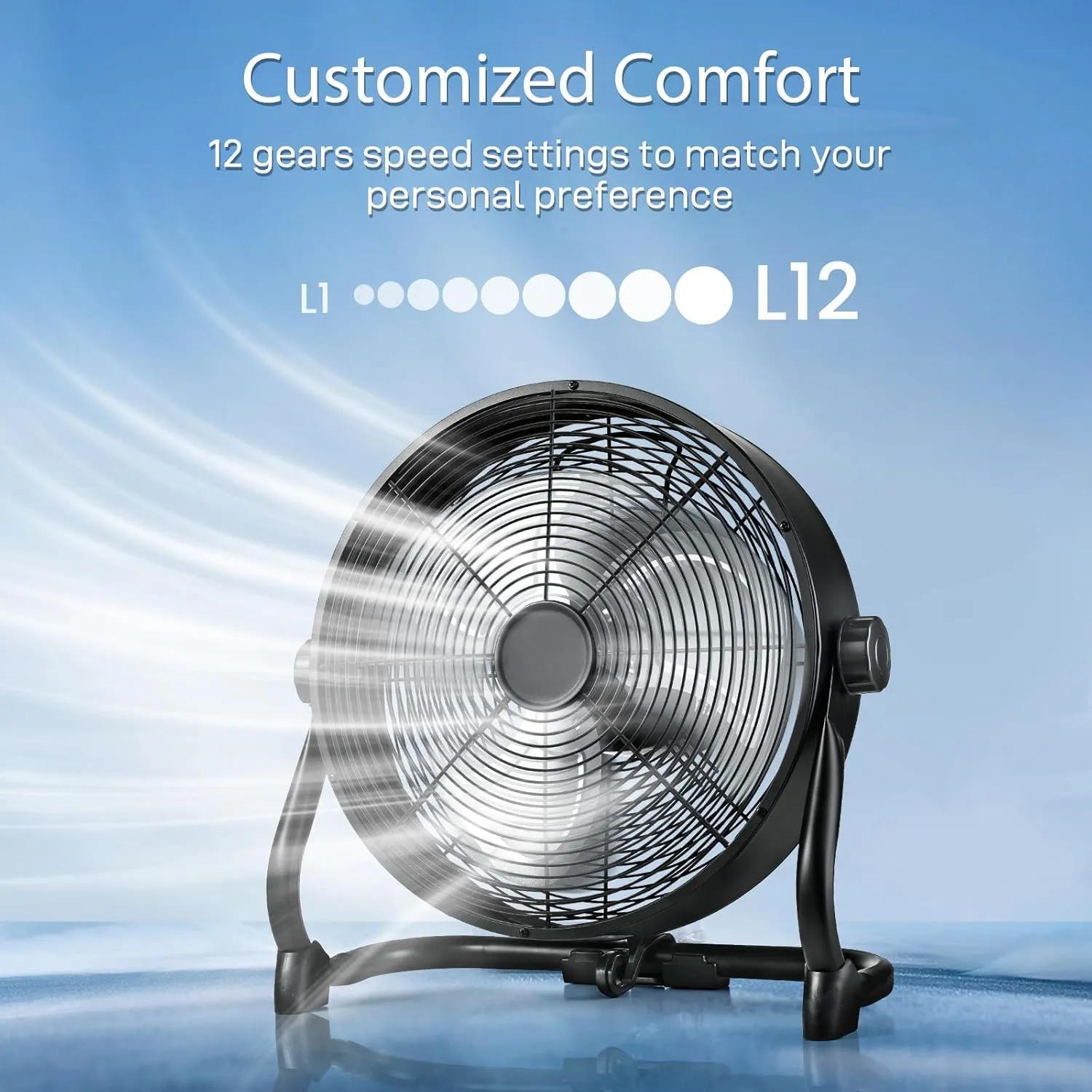 Air Choice 12" Rechargeable Battery Powered Fan, Portable Outdoor Fan with AC Adapter and USB Output, 360° Tilt, 20H Run Time, Industrial All Metal Air Circulator, Camping Hurricane Garage Jobsite