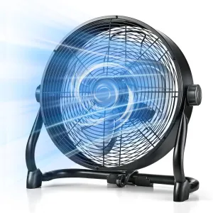 Air Choice 12" Rechargeable Battery Powered Fan, Portable Outdoor Fan with AC Adapter and USB Output, 360° Tilt, 20H Run Time, Industrial All Metal Air Circulator, Camping Hurricane Garage Jobsite