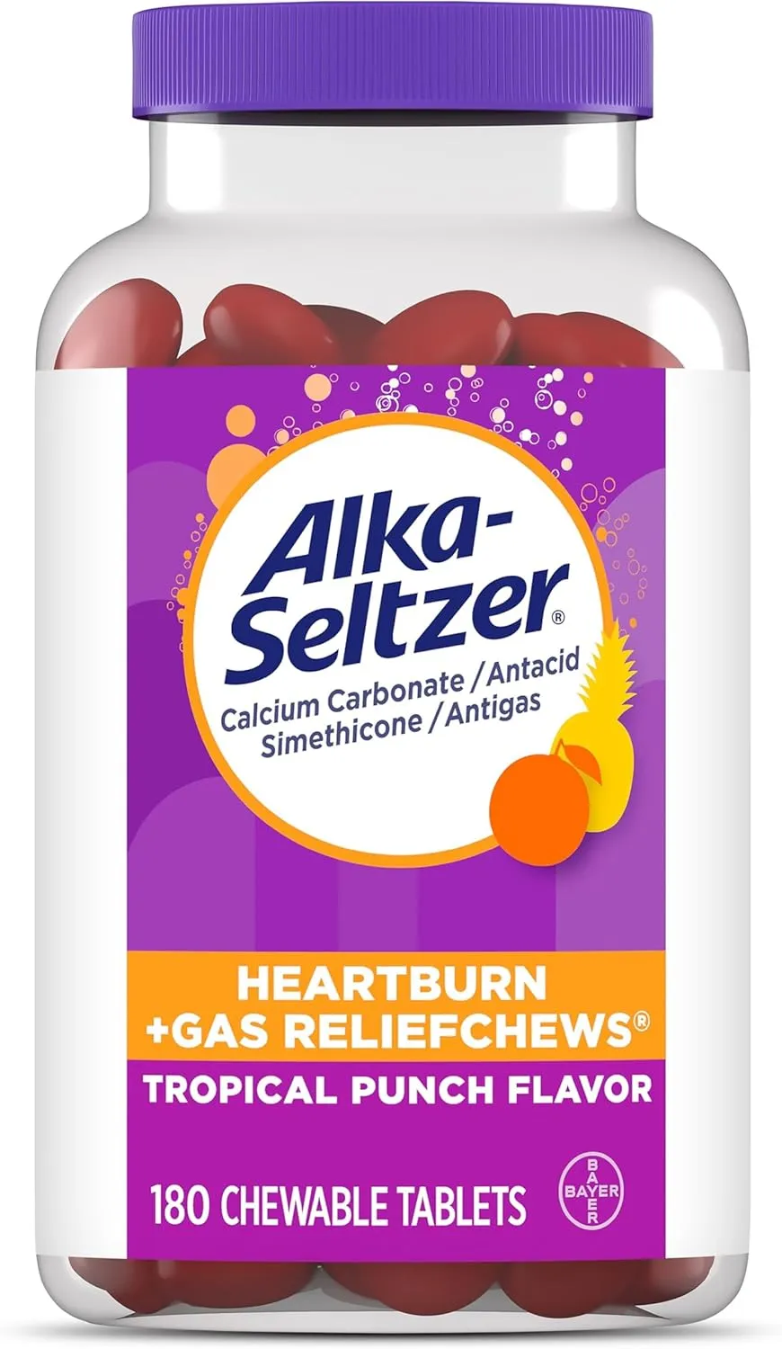 Alka-Seltzer Heartburn Gas ReliefChews, Fast Antacid   Antigas Relief from Heartburn, Bloating, and Pressure, Fast Acting, Tropical Flavored Heartburn Medicine, 180 Ct (Package May Vary)
