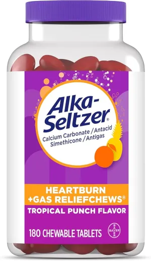 Alka-Seltzer Heartburn Gas ReliefChews, Fast Antacid   Antigas Relief from Heartburn, Bloating, and Pressure, Fast Acting, Tropical Flavored Heartburn Medicine, 180 Ct (Package May Vary)
