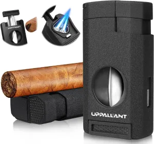 All-in-one Cigar Lighter, Torch Lighter with Cigar Cutter V Cut & Cigar Holder, Cigar Gifts for Men, Refillable Triple Jet Flame Windproof Butane Lighter, Cigar Accessories, Cool Lighters for Smoking