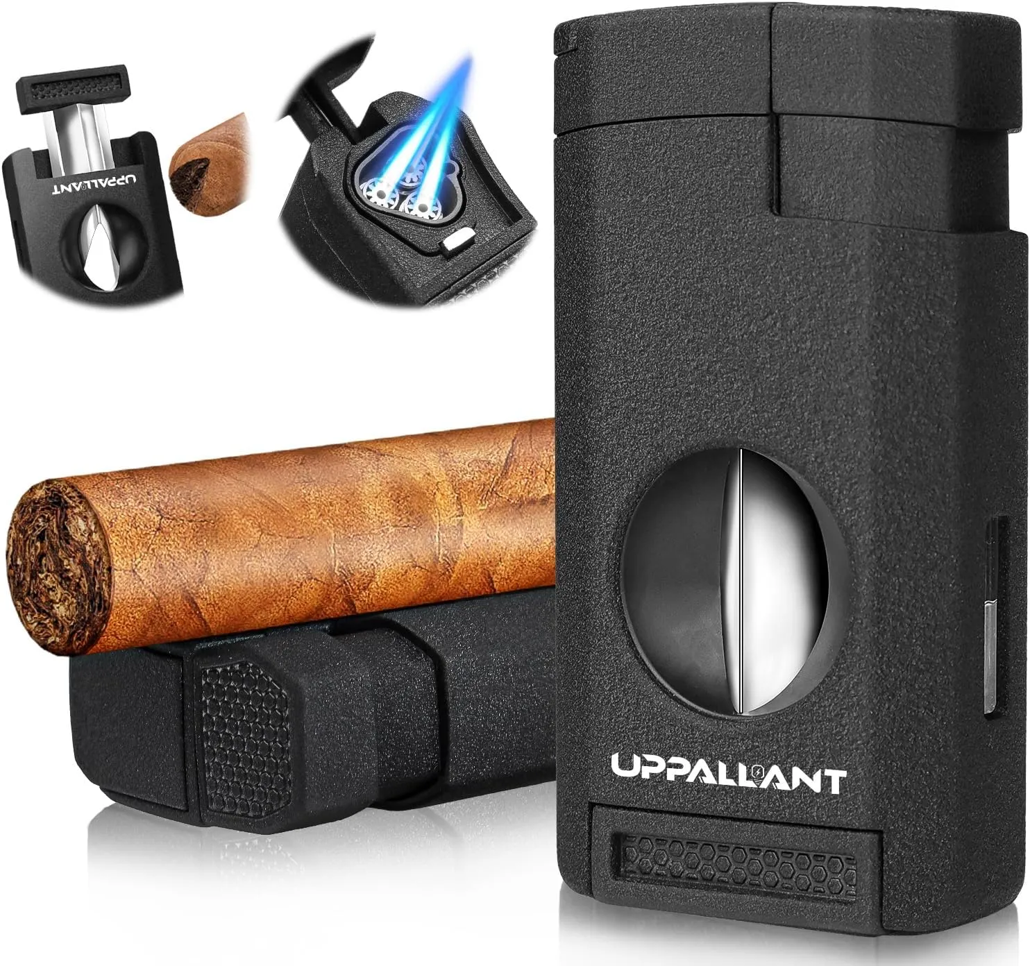 All-in-one Cigar Lighter, Torch Lighter with Cigar Cutter V Cut & Cigar Holder, Cigar Gifts for Men, Refillable Triple Jet Flame Windproof Butane Lighter, Cigar Accessories, Cool Lighters for Smoking