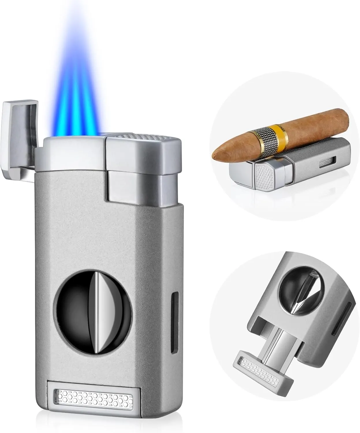 All in One Cigar Lighter, Triple Jet Flame Torch Lighter with Cigar Cutter V Cut, Cigar Accessories Cigar Holder, Windproof Refillable Butane Lighters for Smoking with Gift Box (Grey)