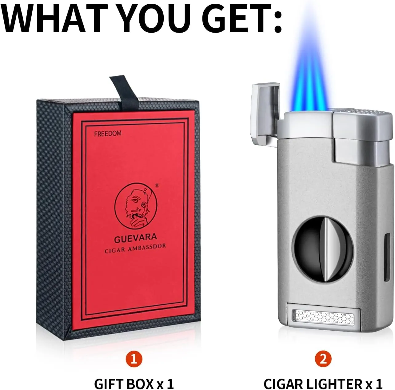 All in One Cigar Lighter, Triple Jet Flame Torch Lighter with Cigar Cutter V Cut, Cigar Accessories Cigar Holder, Windproof Refillable Butane Lighters for Smoking with Gift Box (Grey)