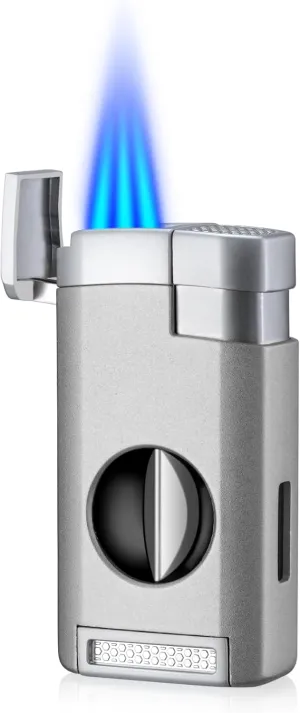 All in One Cigar Lighter, Triple Jet Flame Torch Lighter with Cigar Cutter V Cut, Cigar Accessories Cigar Holder, Windproof Refillable Butane Lighters for Smoking with Gift Box (Grey)