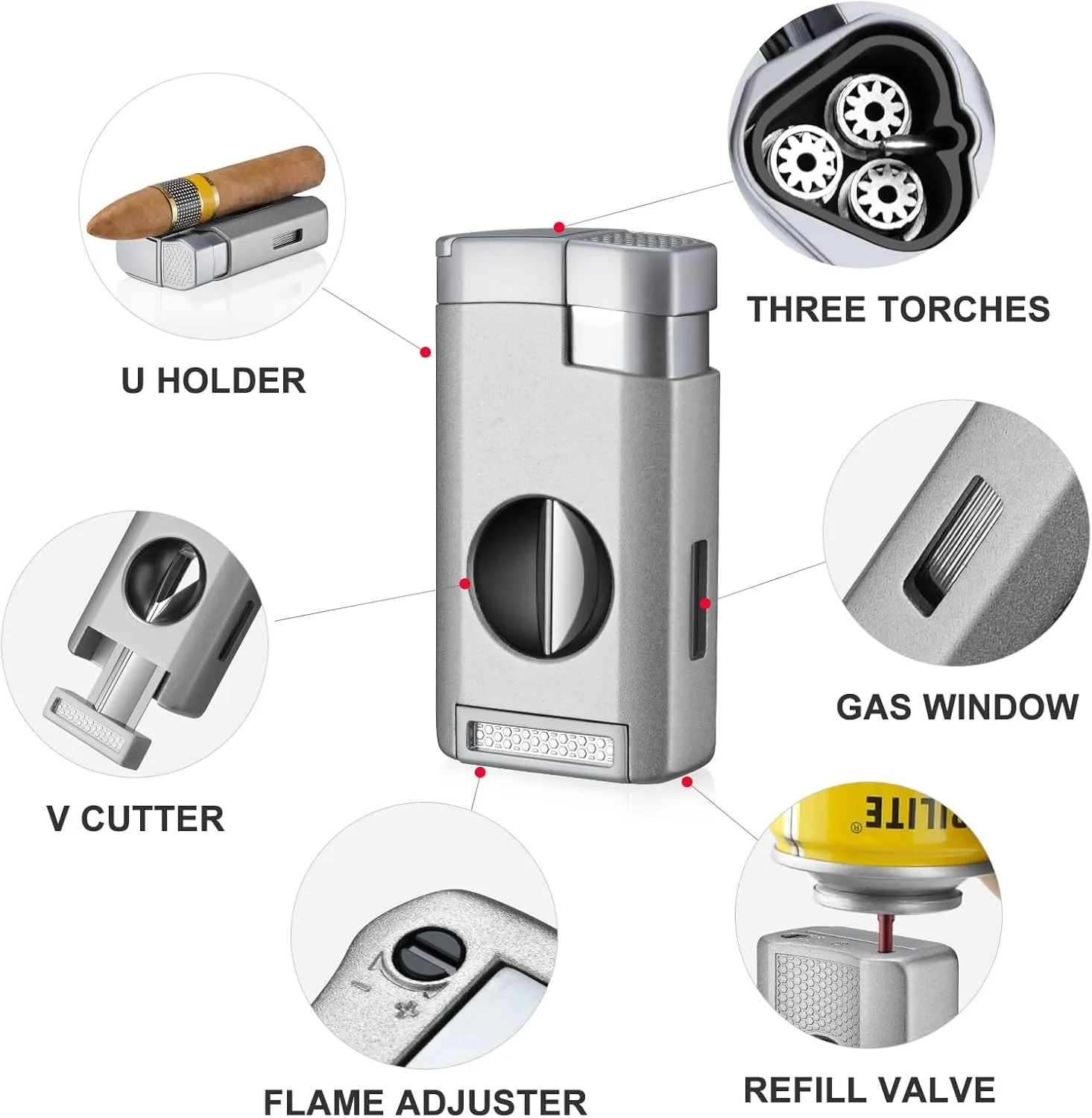 All in One Cigar Lighter, Triple Jet Flame Torch Lighter with Cigar Cutter V Cut, Cigar Accessories Cigar Holder, Windproof Refillable Butane Lighters for Smoking with Gift Box (Grey)