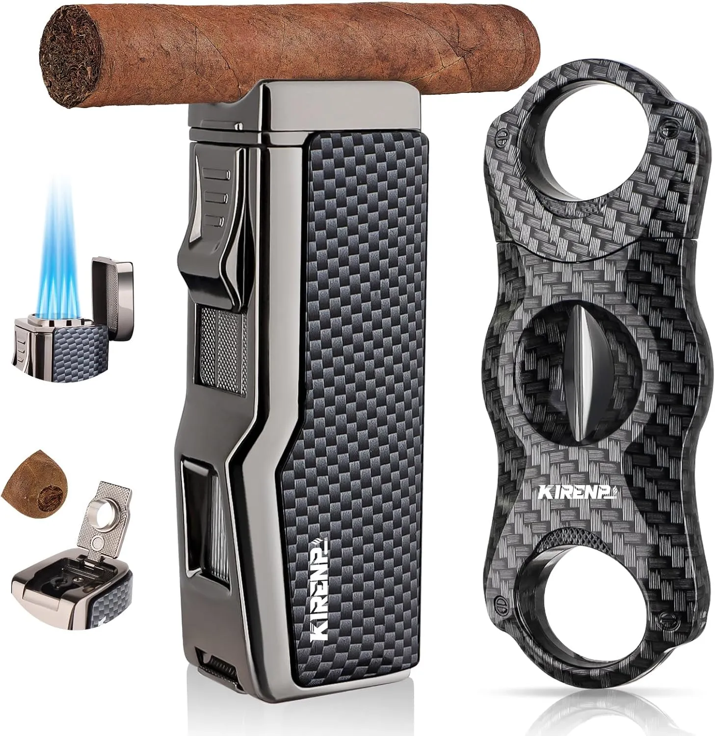 All-in-one Cigar Lighter with V Cigar Cutter, Built-in Cigar Punch, Cigar Holder, Quad Windproof Jet Flame, 4 in 1 Refillable Torch Lighter Set with Gift Box, Cool lighters for Smoking, Birthday