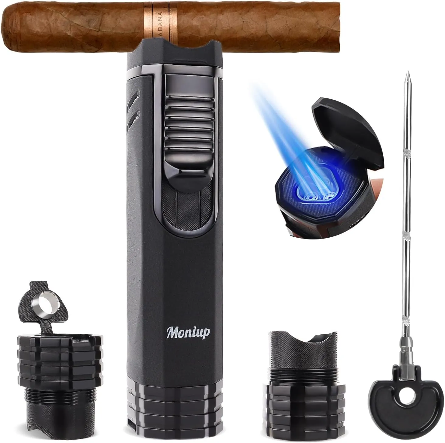 All-in-one Cigar Torch Lighter with Triple Flame, 2 Cigar Holders, Cigar Draw Enhancer, Cigar Punch, Cigar Accessories for Men's Gifts, Refillable Windproof Butane Cool Lighters for Smoking, Candles