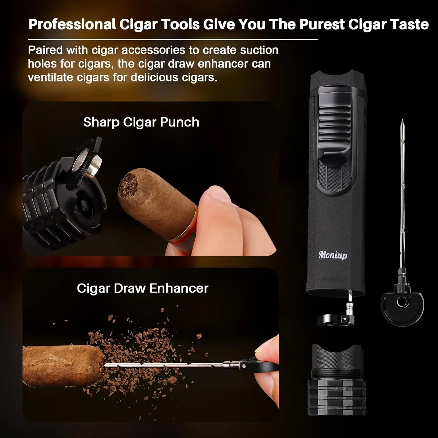 All-in-one Cigar Torch Lighter with Triple Flame, 2 Cigar Holders, Cigar Draw Enhancer, Cigar Punch, Cigar Accessories for Men's Gifts, Refillable Windproof Butane Cool Lighters for Smoking, Candles