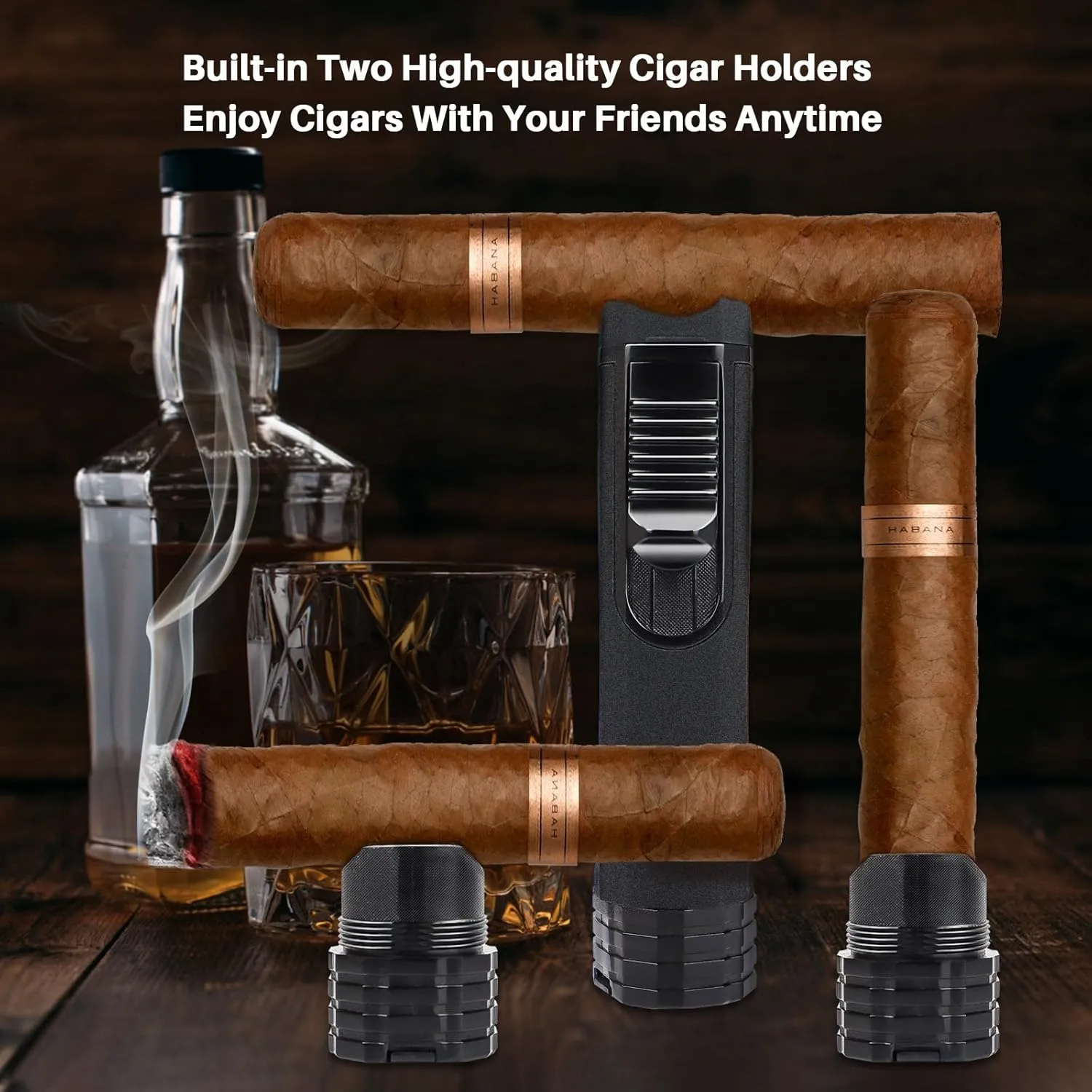 All-in-one Cigar Torch Lighter with Triple Flame, 2 Cigar Holders, Cigar Draw Enhancer, Cigar Punch, Cigar Accessories for Men's Gifts, Refillable Windproof Butane Cool Lighters for Smoking, Candles