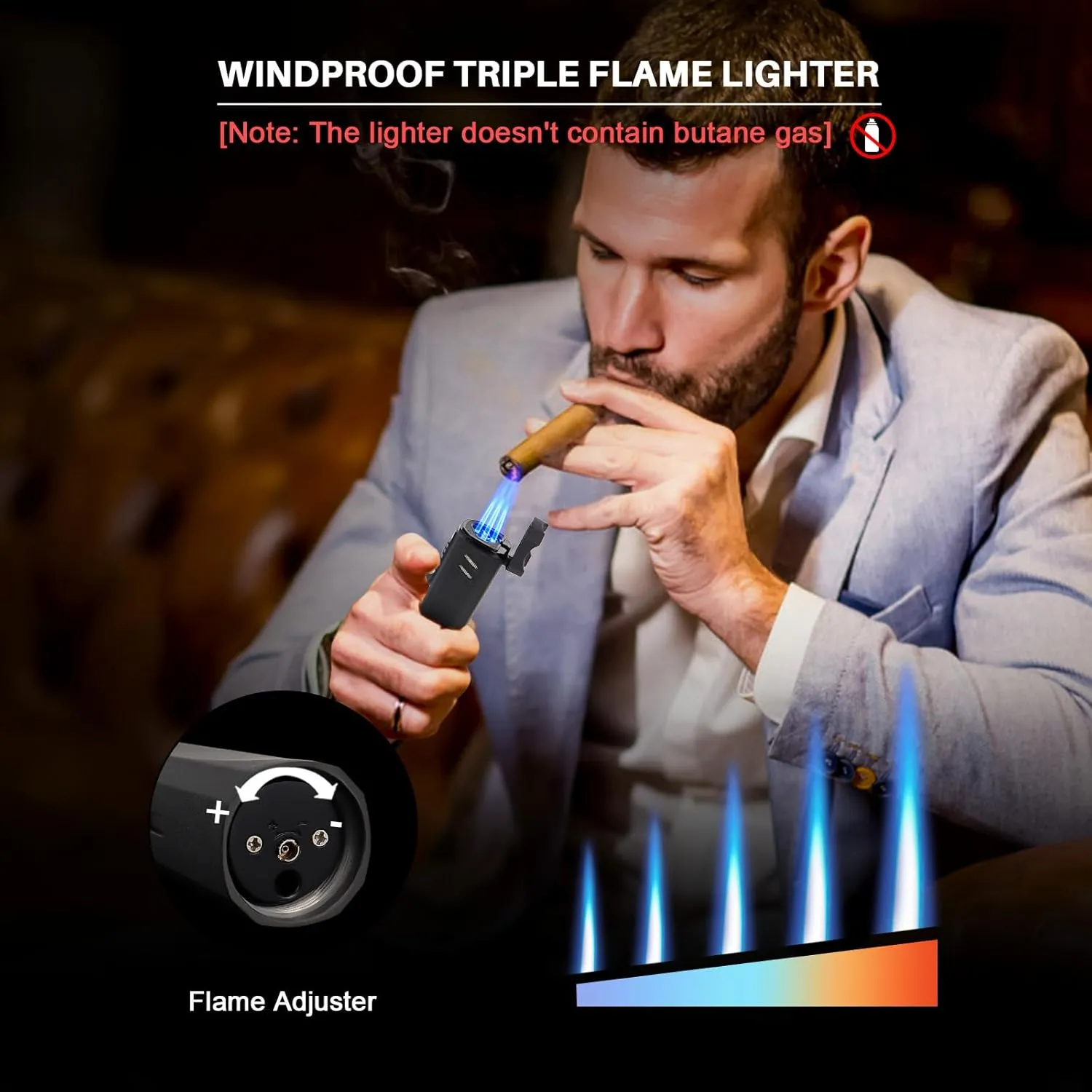 All-in-one Cigar Torch Lighter with Triple Flame, 2 Cigar Holders, Cigar Draw Enhancer, Cigar Punch, Cigar Accessories for Men's Gifts, Refillable Windproof Butane Cool Lighters for Smoking, Candles