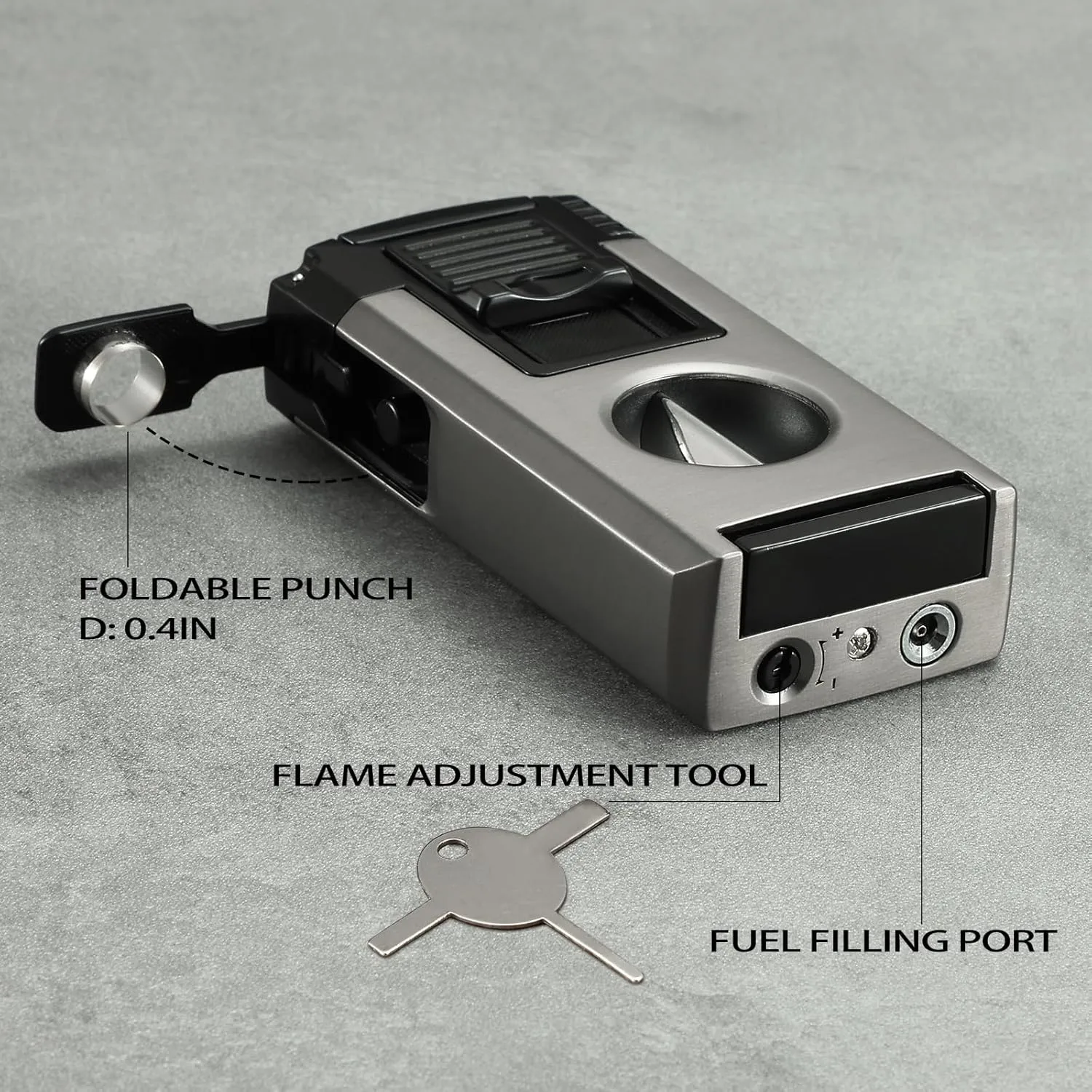 All in One Jet Flame Butane Torch Lighter Built-in Cutter V Cut, Punch, Holder Function, Draw Enhancer Tool, Refillable and Adjustable Windproof Gas Lighter, Black and Grey (Sold Without Gas)
