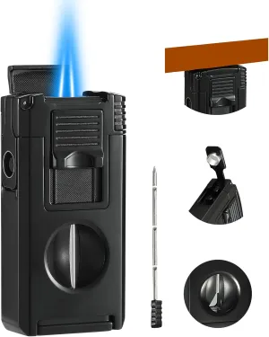 All in One Jet Flame Butane Torch Lighter Built-in Cutter V Cut, Punch, Holder Function, Draw Enhancer Tool, Refillable and Adjustable Windproof Gas Lighter, Black (Sold Without Gas) ﻿
