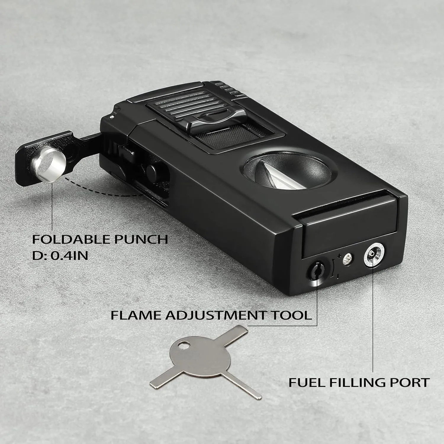 All in One Jet Flame Butane Torch Lighter Built-in Cutter V Cut, Punch, Holder Function, Draw Enhancer Tool, Refillable and Adjustable Windproof Gas Lighter, Black (Sold Without Gas) ﻿