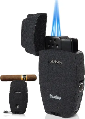All-in-One Torch Cigar Lighter with Adjustable Jet Dual-Flame, Built-in Cigar Punch/Holder, Honorable Gift for Men, Birthday, Windproof Refillable Butane Cool Lighters for Smoking, Candles