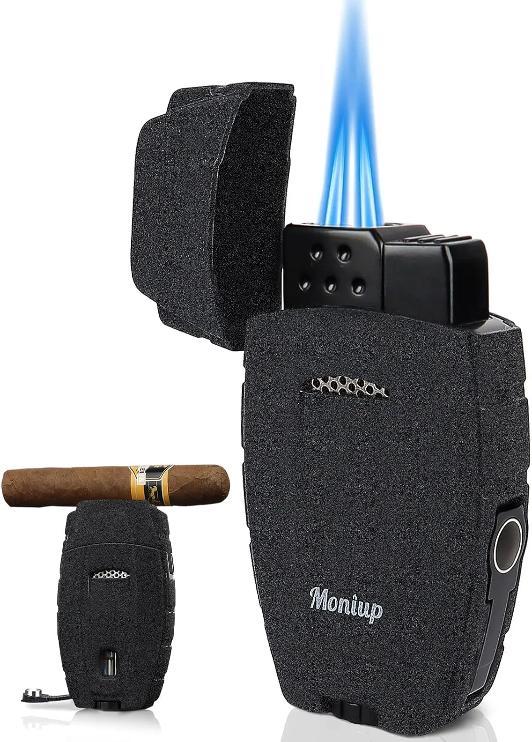 All-in-One Torch Cigar Lighter with Adjustable Jet Dual-Flame, Built-in Cigar Punch/Holder, Honorable Gift for Men, Birthday, Windproof Refillable Butane Cool Lighters for Smoking, Candles