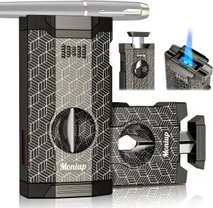 All-in-one Torch Lighter with V Cut Cutter Built-in, Holder, Dual Jet Flames, Gifts for Men & Birthday Festival, Refillable Butane Lighters for Candles, Outdoors, Multifunctional Use