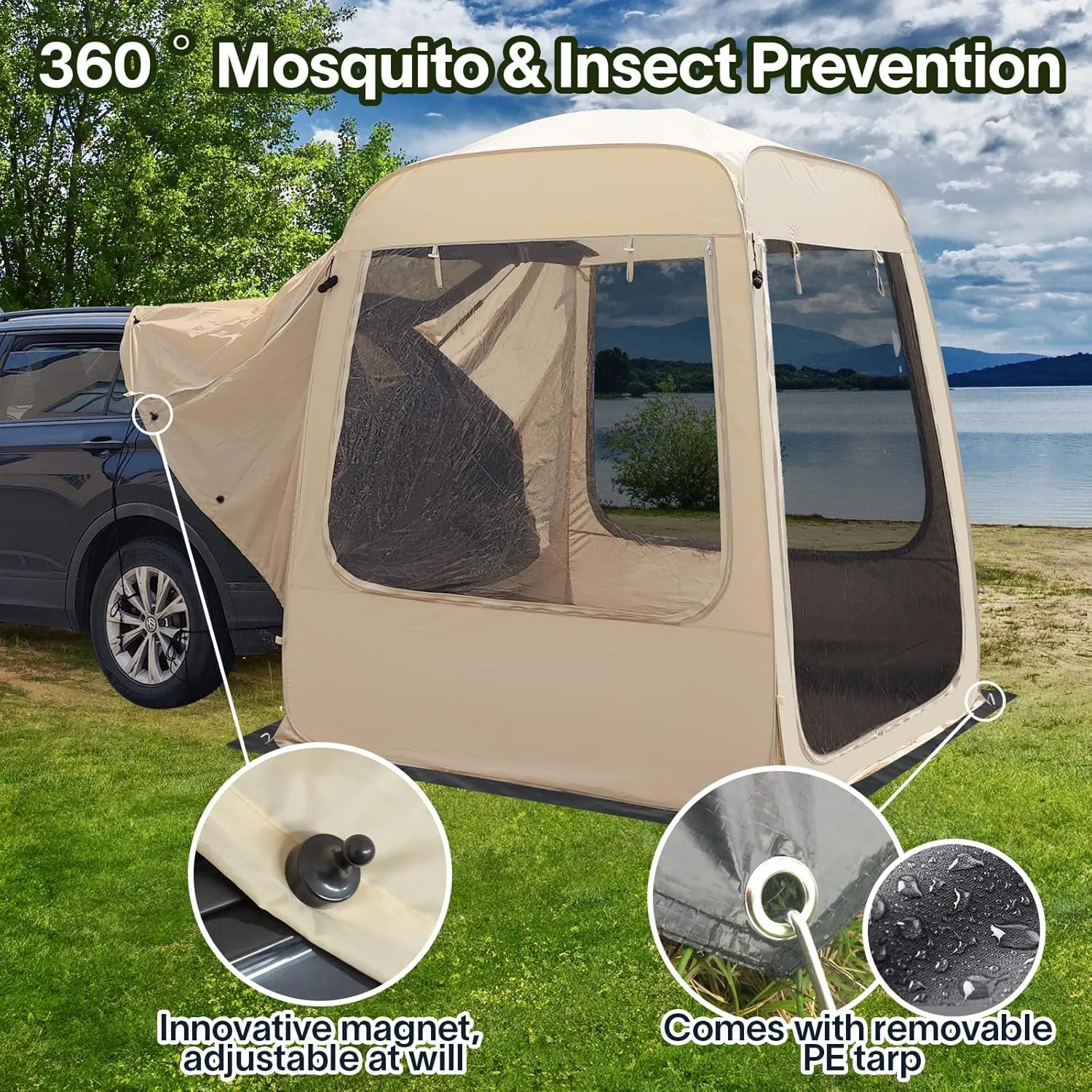All Weather Camping Screen Tent/SUV Tent, Outdoor Pop Up Tent for Camping with Shelter Mesh & Waterproof PVC, Instant Tent Screen House Portable for Car SUV Van Camping