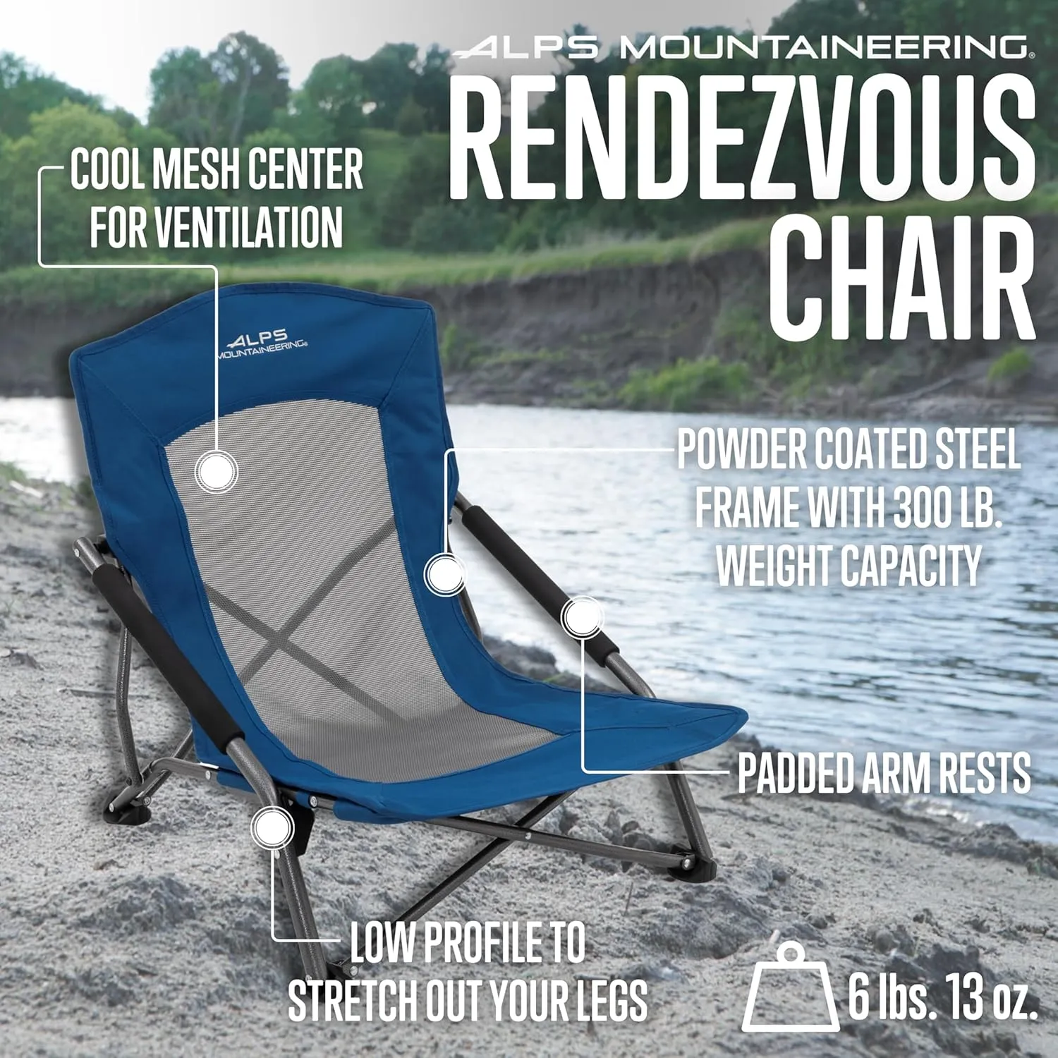 ALPS Mountaineering Rendezvous Low Camping Chairs for Adults with Arms, Cool Mesh Center, Powder Coated Steel Frame, Compact Folding Design and Carry Bag