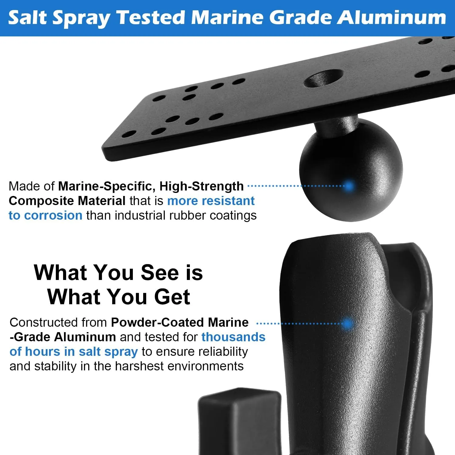 Aluminum Fish Finder Mount with 1.5" / C Size Ball, Medium Arm Marine Electronic/Depth Finder Mount for Boat, High Salt Water Resistant, Compatible with Garmin, Lowrance and More