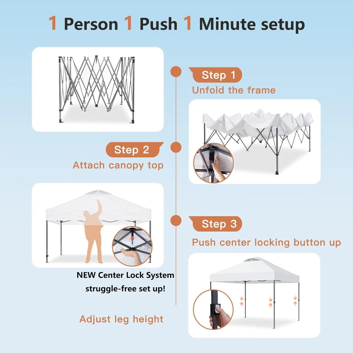 Amada 10x10ft 1-Person Setup Pop Up Canopy Tent - Easy Outdoor Sun Shade for Events, Parties, Camping, Gazebo with Wheel Cover Bag, Beach Tent with 3-Speed Adjustable Height,White