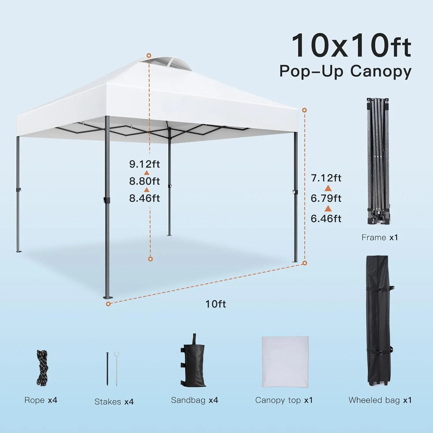 Amada 10x10ft 1-Person Setup Pop Up Canopy Tent - Easy Outdoor Sun Shade for Events, Parties, Camping, Gazebo with Wheel Cover Bag, Beach Tent with 3-Speed Adjustable Height,White