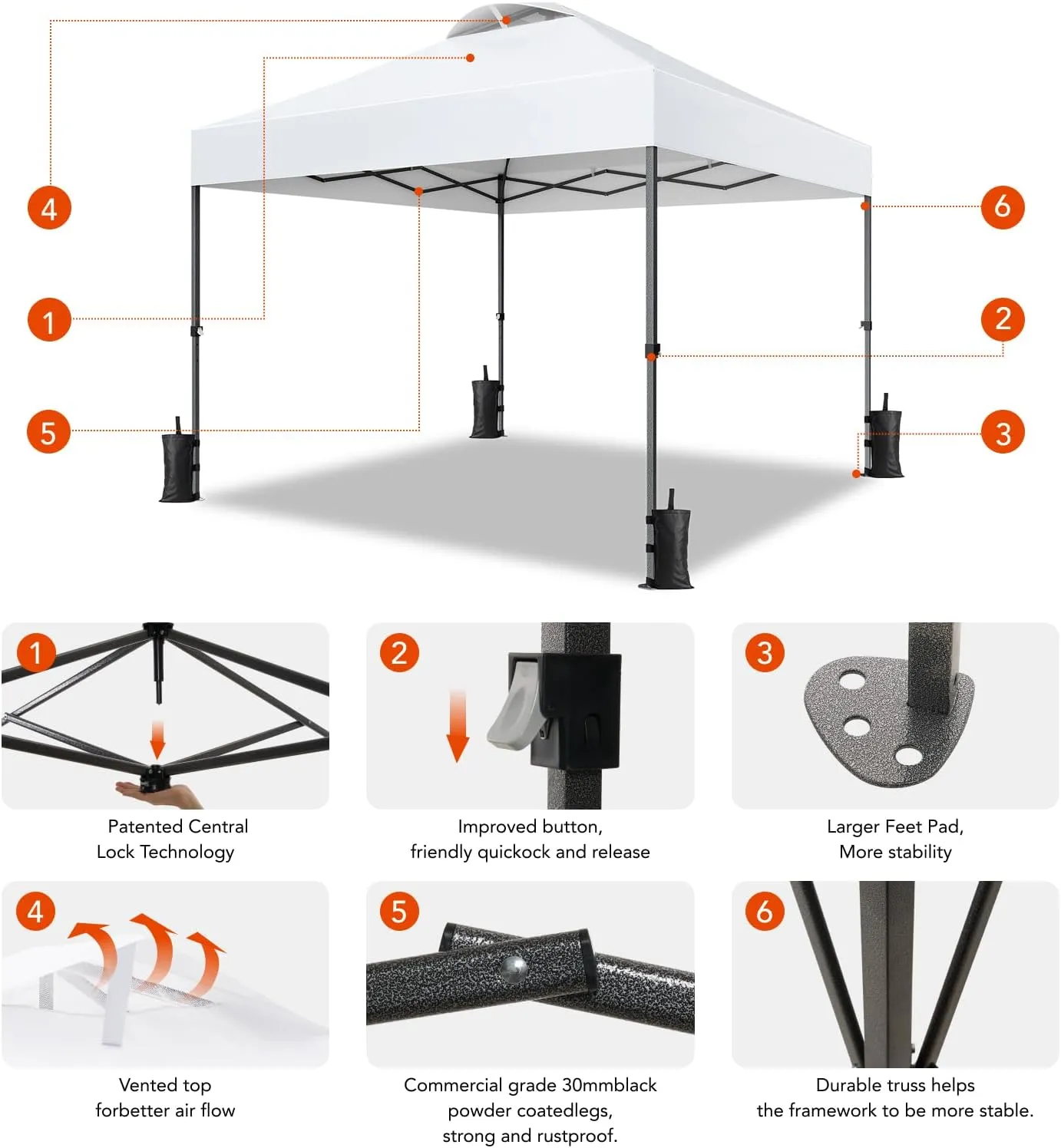 Amada 10x10ft 1-Person Setup Pop Up Canopy Tent - Easy Outdoor Sun Shade for Events, Parties, Camping, Gazebo with Wheel Cover Bag, Beach Tent with 3-Speed Adjustable Height,White