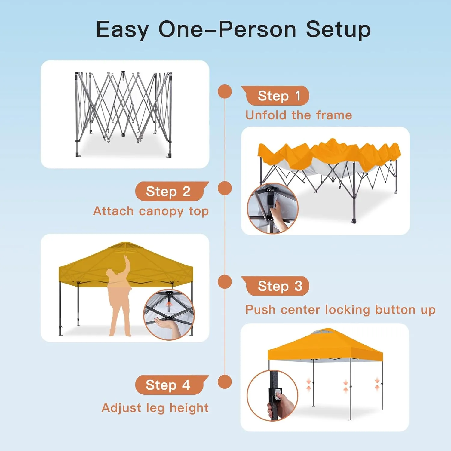 AMADA HOMEFURNISHING 10x10 Pop Up Canopy - Beach Tent with One Push Setup - Easy Outdoor Sun Shade for Events, Parties, Camping - Gazebo with Wheeled Cover Bag, 210D Silver Coated Top,Orange