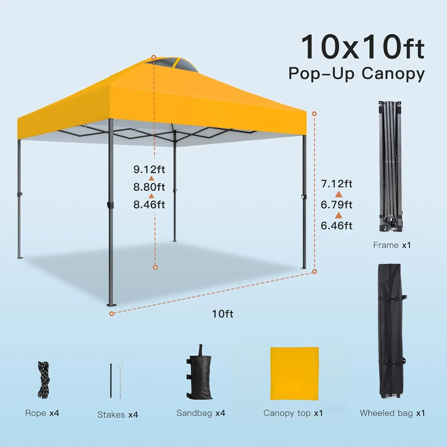 AMADA HOMEFURNISHING 10x10 Pop Up Canopy - Beach Tent with One Push Setup - Easy Outdoor Sun Shade for Events, Parties, Camping - Gazebo with Wheeled Cover Bag, 210D Silver Coated Top,Orange