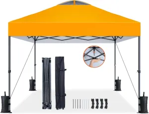 AMADA HOMEFURNISHING 10x10 Pop Up Canopy - Beach Tent with One Push Setup - Easy Outdoor Sun Shade for Events, Parties, Camping - Gazebo with Wheeled Cover Bag, 210D Silver Coated Top,Orange