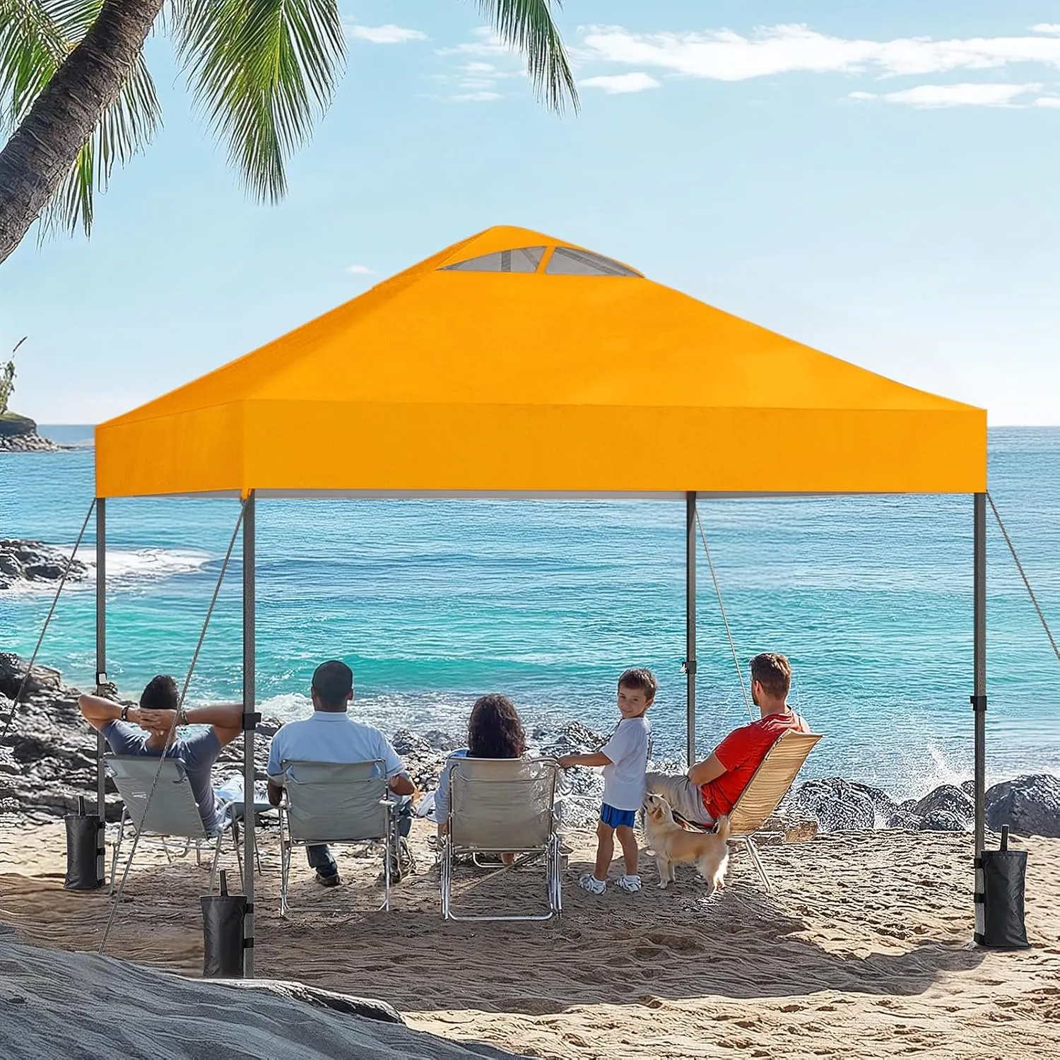 AMADA HOMEFURNISHING 10x10 Pop Up Canopy - Beach Tent with One Push Setup - Easy Outdoor Sun Shade for Events, Parties, Camping - Gazebo with Wheeled Cover Bag, 210D Silver Coated Top,Orange