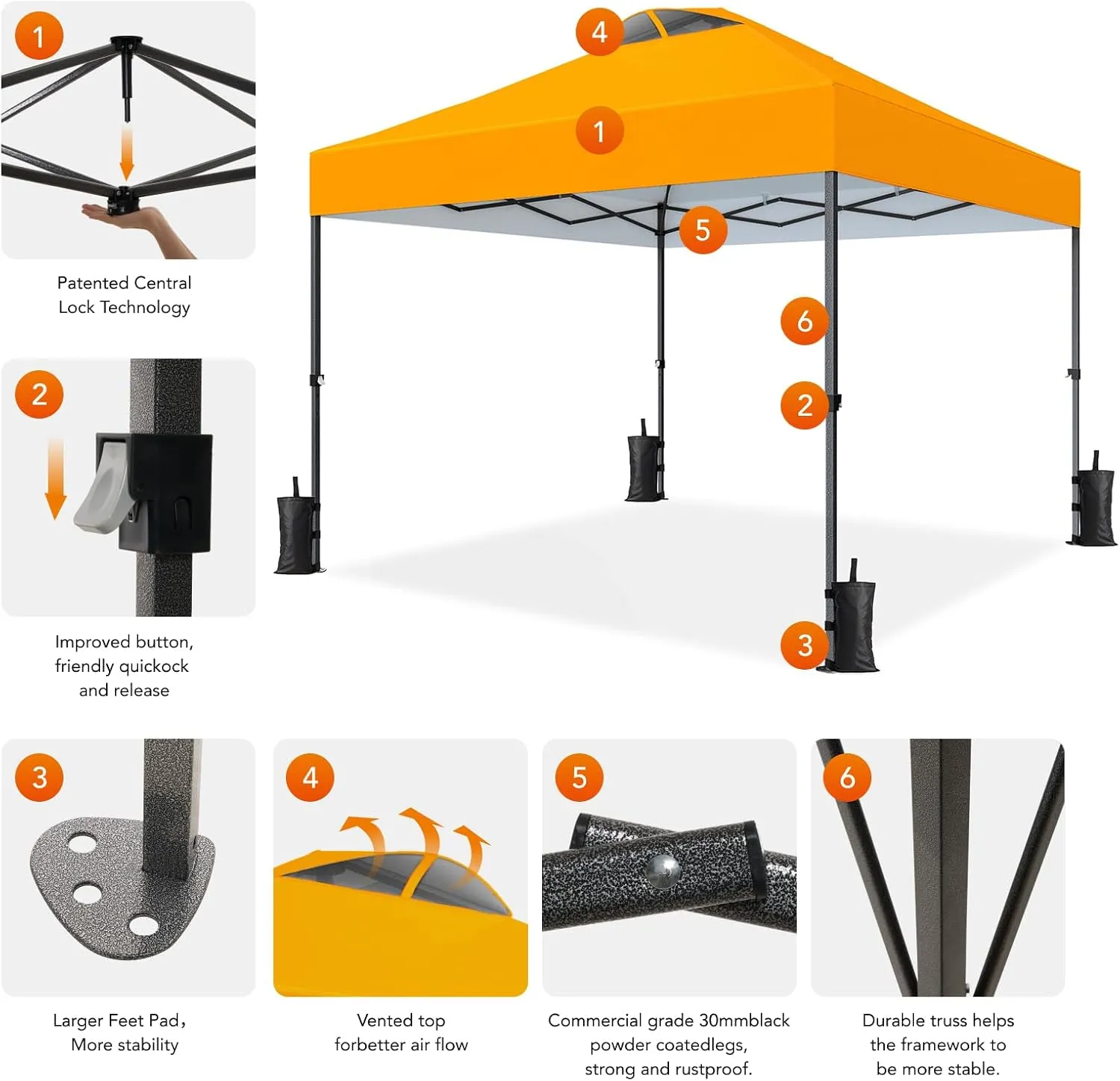 AMADA HOMEFURNISHING 10x10 Pop Up Canopy - Beach Tent with One Push Setup - Easy Outdoor Sun Shade for Events, Parties, Camping - Gazebo with Wheeled Cover Bag, 210D Silver Coated Top,Orange