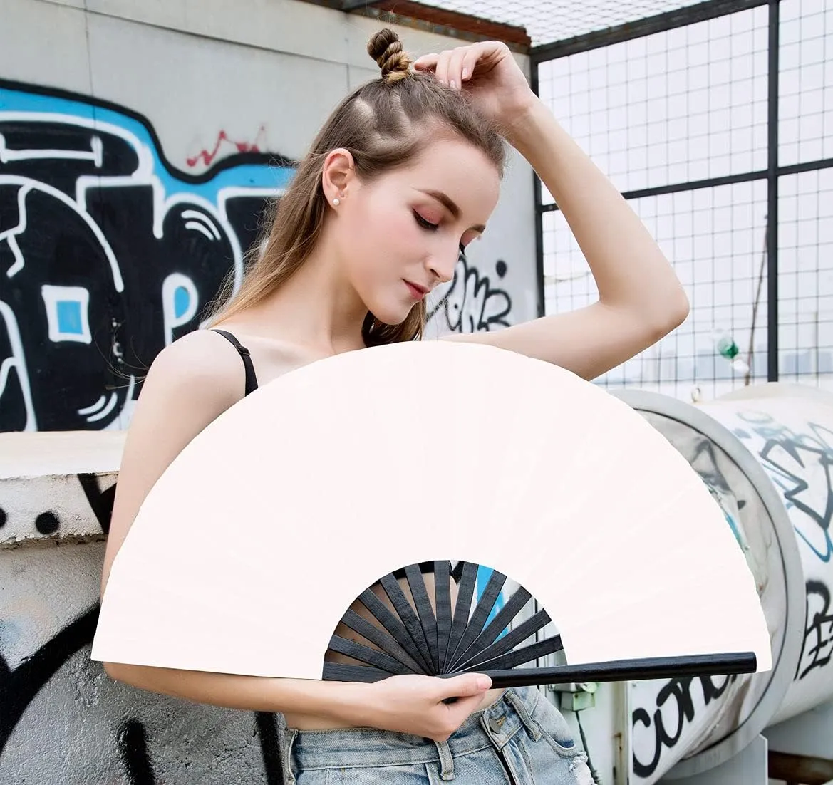 Amajiji Large Rave Fan Folding Hand Popping Fans for Line Dancing, Big Clacking Fans Clap Fan for Boots On The Ground Dance,Party,Decoration,Festival (White-1)
