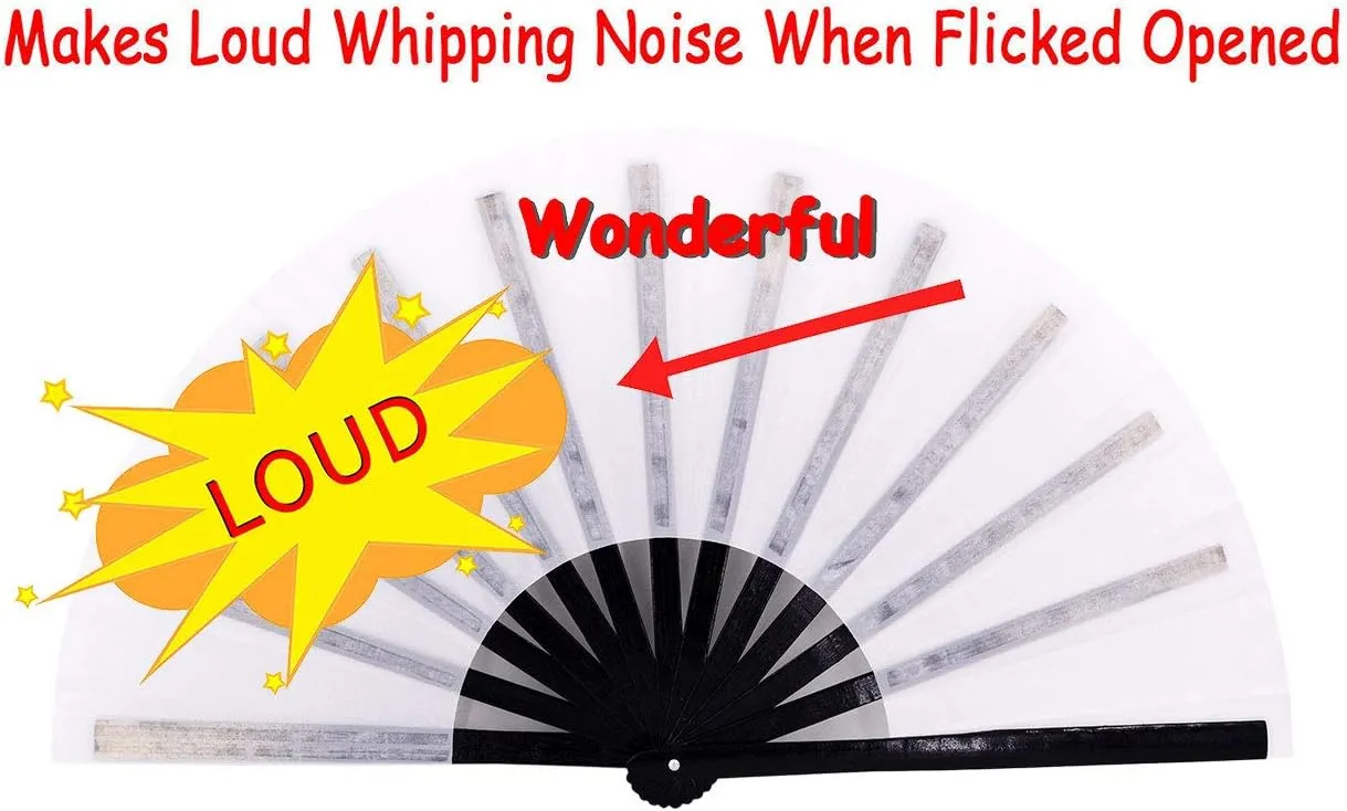 Amajiji Large Rave Fan Folding Hand Popping Fans for Line Dancing, Big Clacking Fans Clap Fan for Boots On The Ground Dance,Party,Decoration,Festival (White-1)