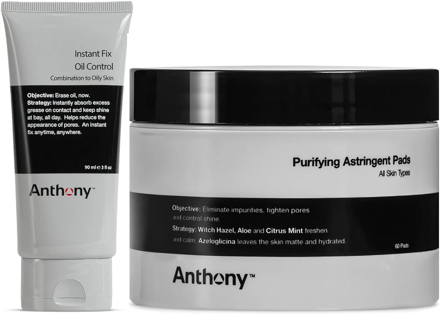 Anthony Purifying Astringent Toner Pads, 60 Count, and Anthony Instant Fix Oil Control, 3 Fl Oz